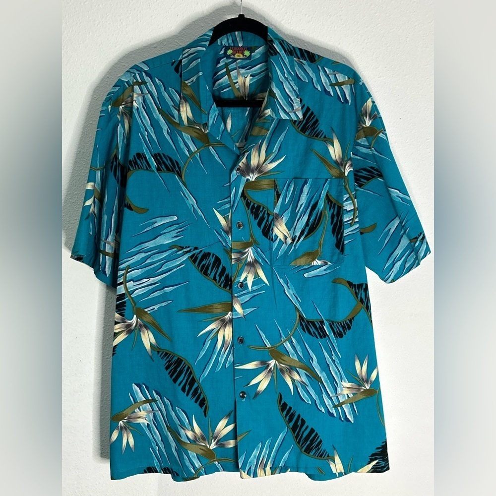 Hawaiian Blues Teal Leaf Print Shirt Size XL